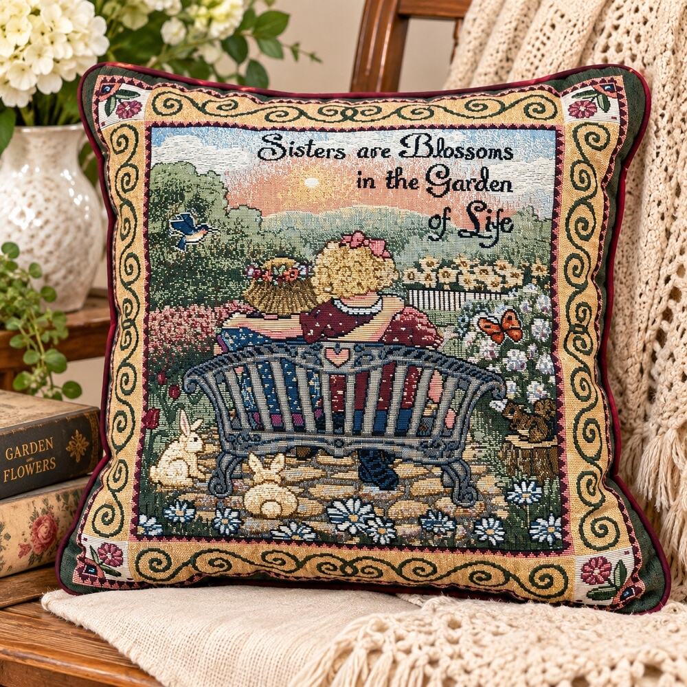 Vintage Sisters Are Blossoms in the Garden of Life Tapestry Pillow 15”